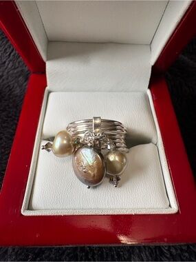 Sterling Silver Multi-Band, 7 Band Ring with Pearls and tiny Swarovski Crystals.
